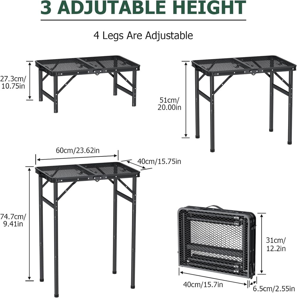 Lightweight Folding Camping Grill Table with Height Adjustment Black