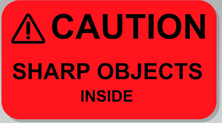 ⚠CAUTION SHARP OBJECTS INSIDE Warning Sticker Label RED 2.25" L x 1.25" H