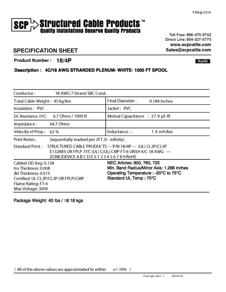 Structured Cable Products/SCP 18/4C Plenum Security/Alarm Cable White /100ft