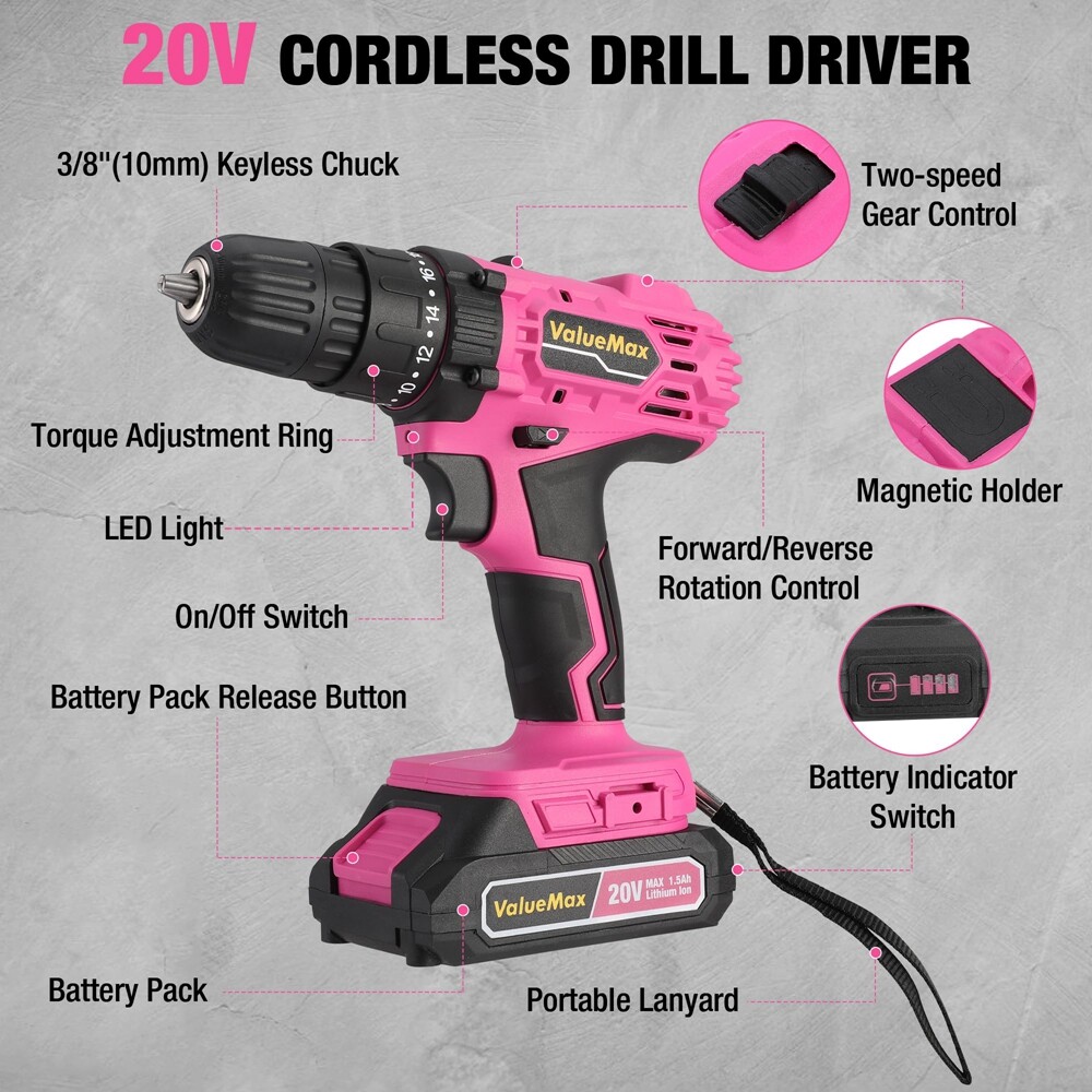 ValueMax Cordless Drill Driver Set Magnetic w/Keyless Chuck 18+1 Torque Settings