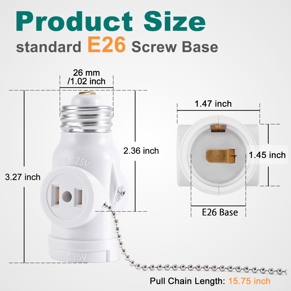 DiCUNO E26 Light Socket to Plug Adapter, 2 Polarized White-15.75", White