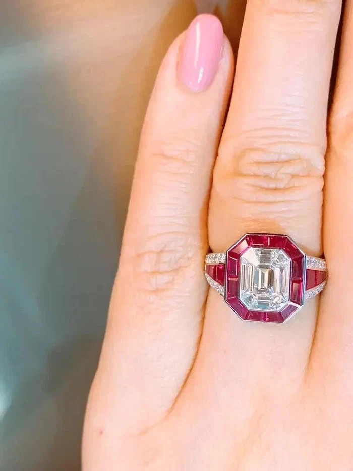 Art Deco Style Lab Created Diamond & Ruby 14K White Gold Finish Engagement Ring