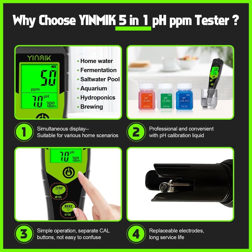 Pool Salt Tester, Digital 5 in 1 pH TDS EC Salinity Meter with Calibration So...