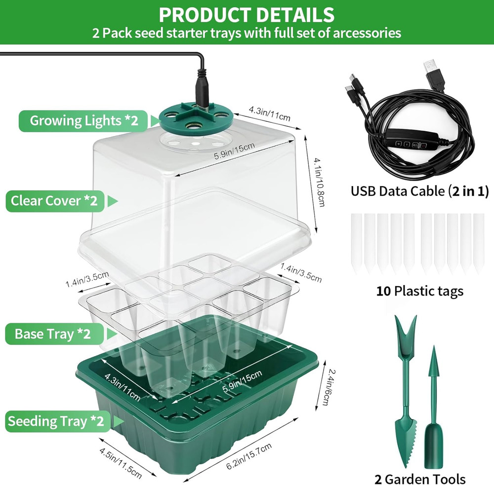 2-Pack Seed Starter Tray Kit w/ Grow Light, Humidity Dome & Timer