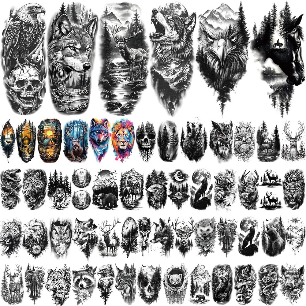 77 Sheets Temporary Tattoos, 17 Sheets Half Arm Wolf Lion Tiger Bear Leopard Eag