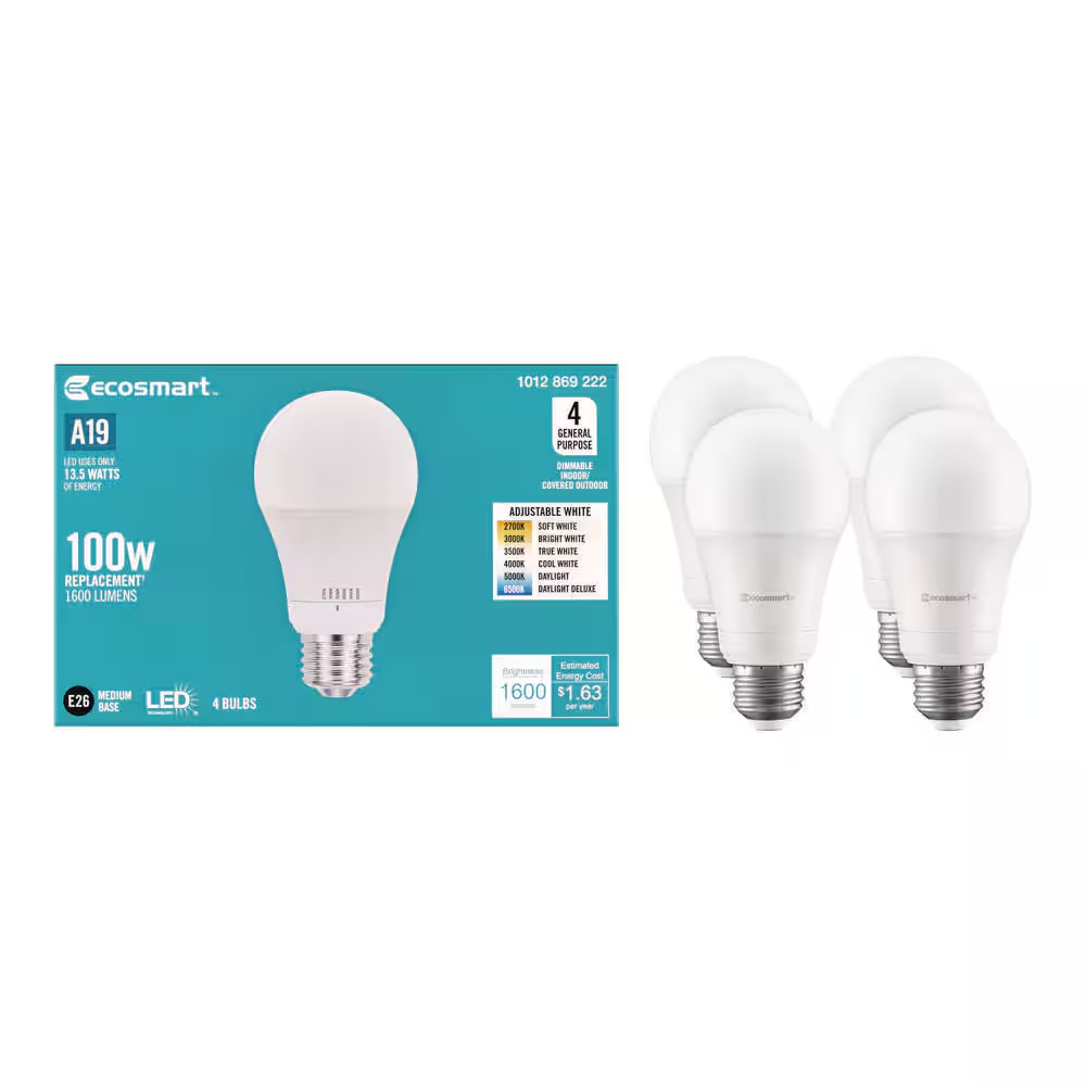 100-Watt Equivalent A19 E26 Base Dimmable LED Light Bulb with Selectable Color T