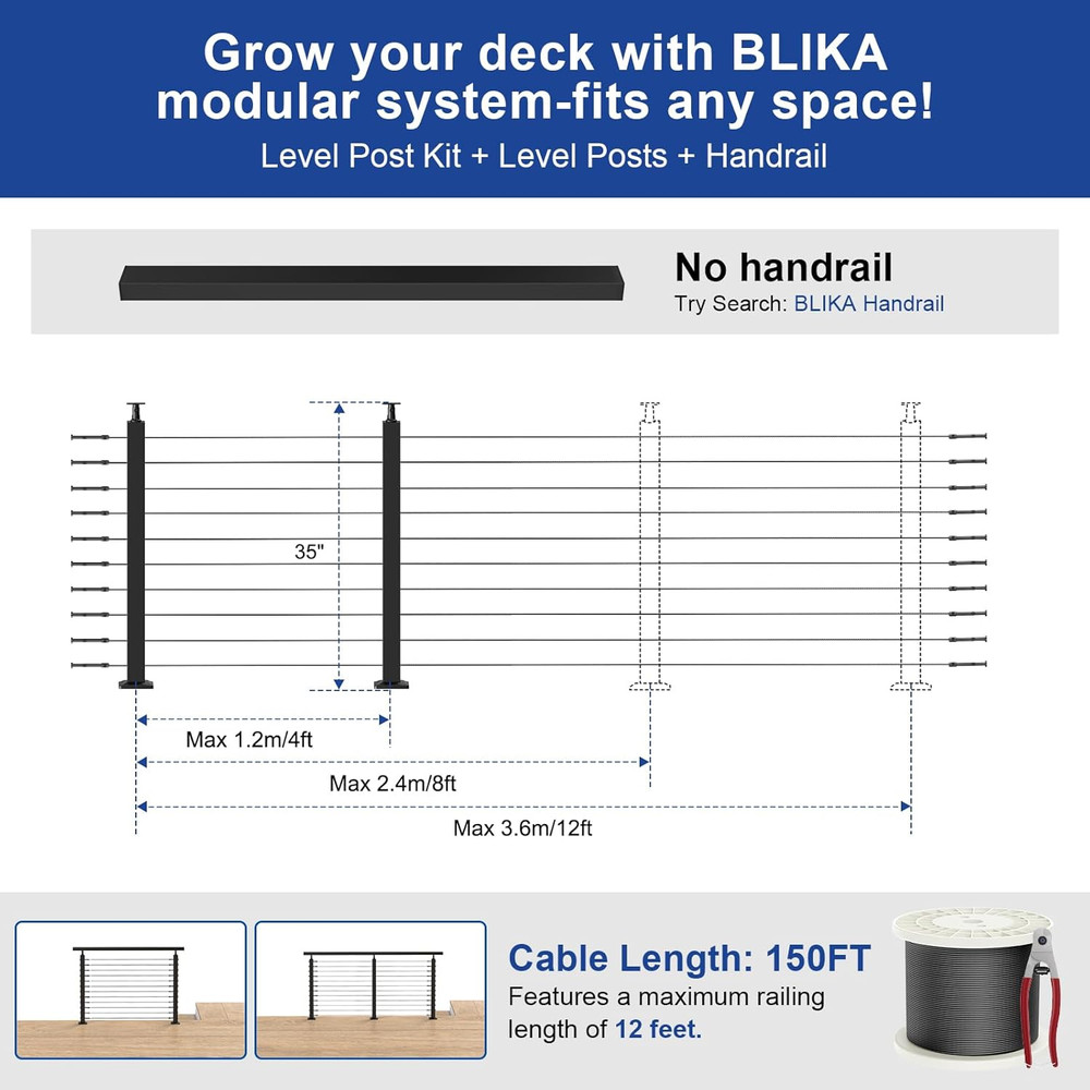 Complete Set 36" Cable Railing Post Kit, Black Surface Mount Adjustable Top Cabl
