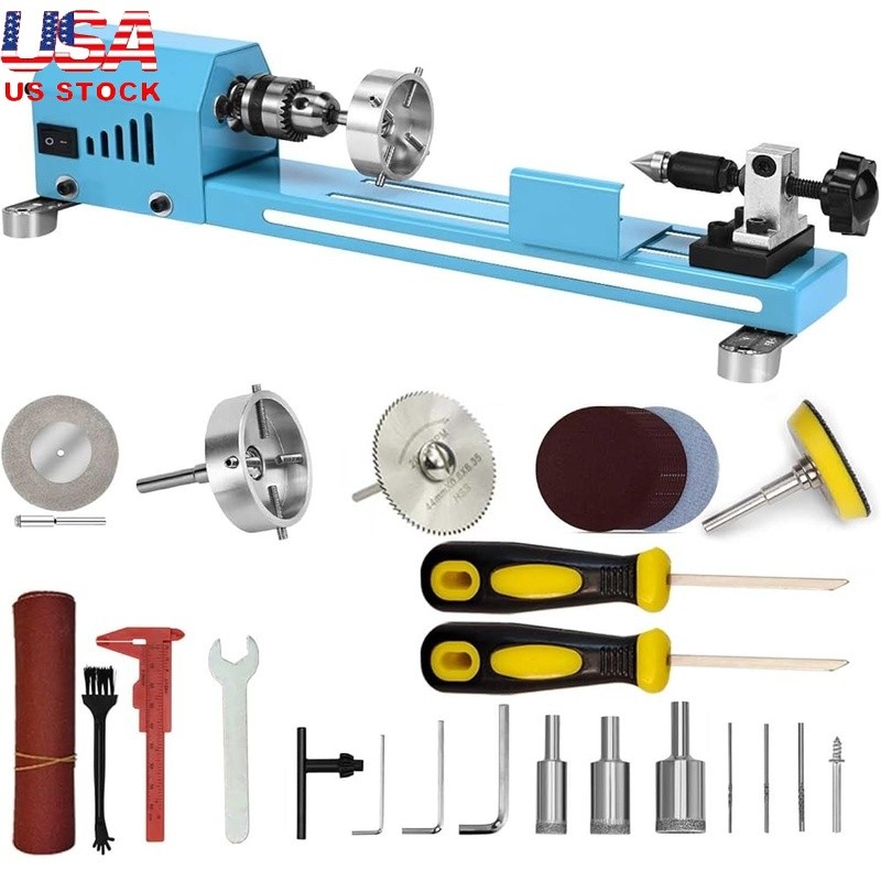Mini Woodworking Lathe Adjustable Chuck High Torque HSS Tools DIY Crafts New