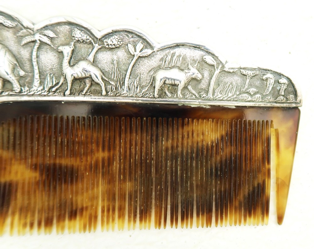 Swami Style Solid Silver Raj India Colonial Comb Figural Elephant Camel Tiger