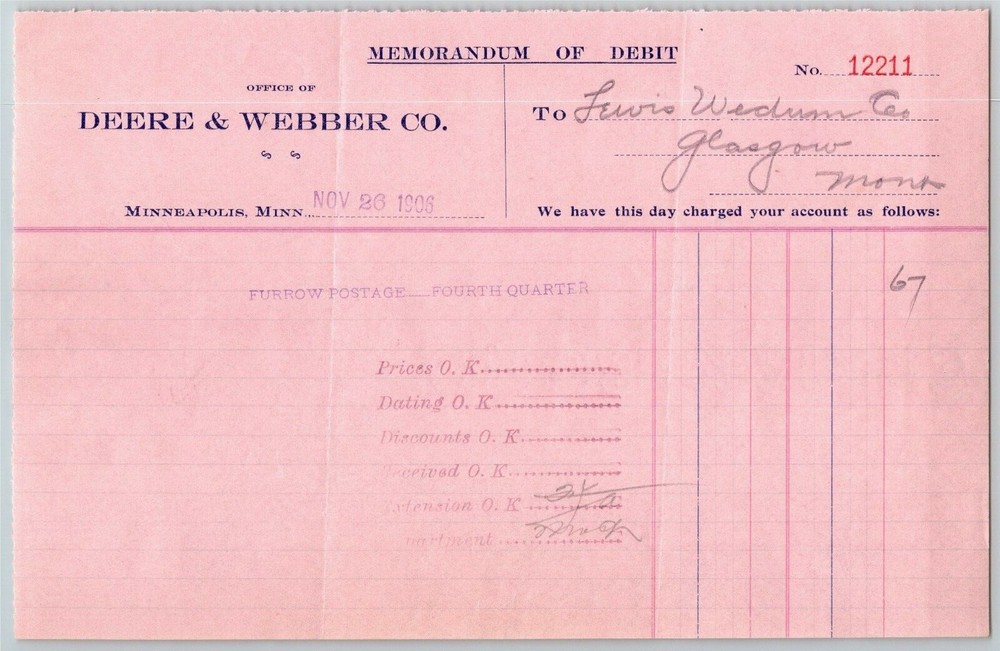 Scarce 1906 John Deere / Deere & Webber Debit Memo #12211