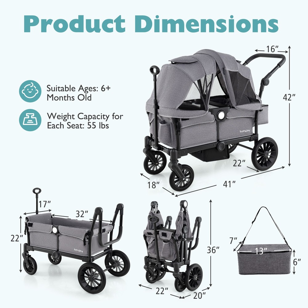 Wagon Stroller for 2 Kids Push Pull Double Stroller w/ Adjustable Handle