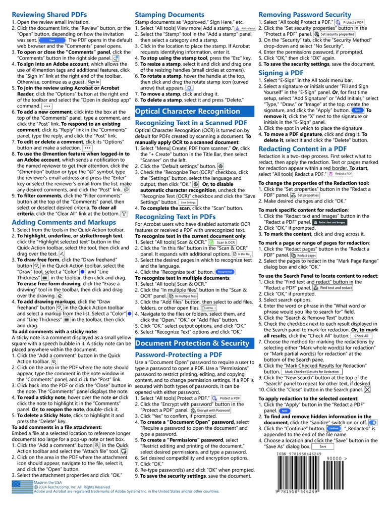 TeachUcomp for Adobe Acrobat DC Training Guide Quick Reference Card Cheat Sheet