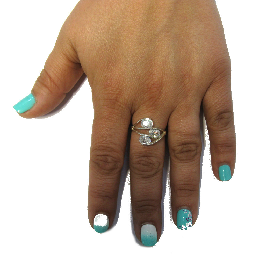 Plain Sterling Silver Ring Genuine Solid 925 With 3 Oval Cubic Zirconia Empress