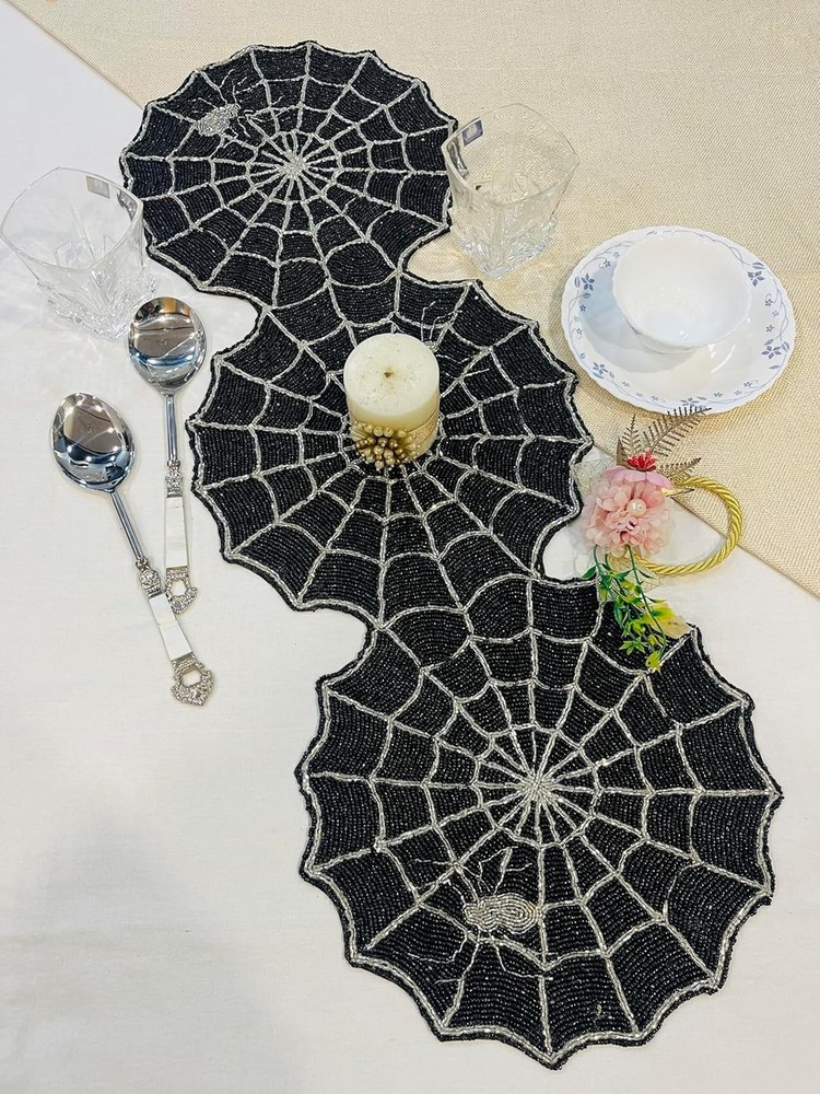 TBS Black Beads Runner | Hand Crafted | Dining Coffee Table Home Decor
