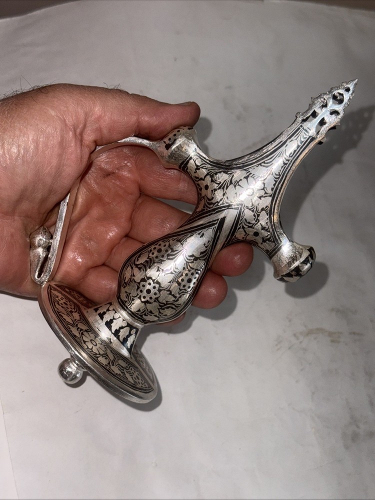Hand Crafted Mughal Silver inlaid Iron Sword Talwar Handle