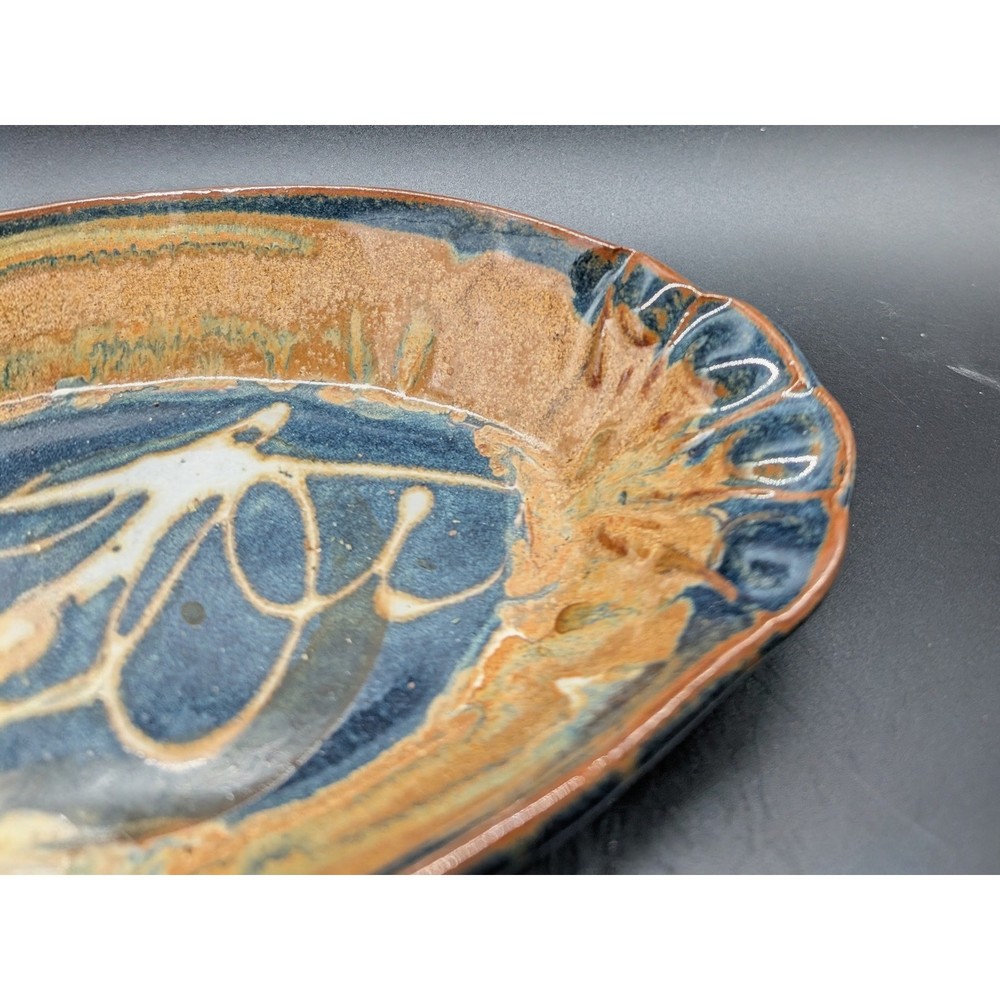 Studio Pottery Abstract Dragonfly Oval Serving Platter Brown Stoneware Chip 9.5"