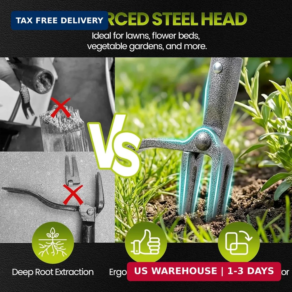 Weed Puller, Stand Up Weed Puller Tool with Steel Long Handle, 4 Claw Steel Head