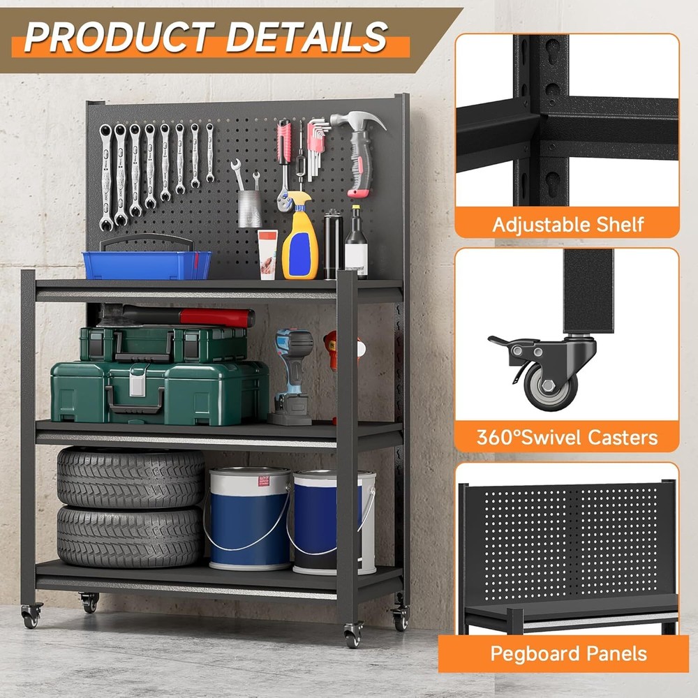 Workbench with Pegboard,Adjustable Heavy Duty Work Table with Wheels,18"x34"x32"