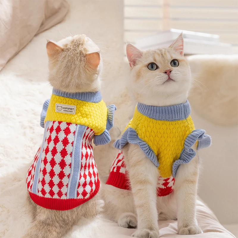 Diamond Grid Solid Cat Sweaters Warm Wool Knitting Winter Sphinx Small Dogs Clot