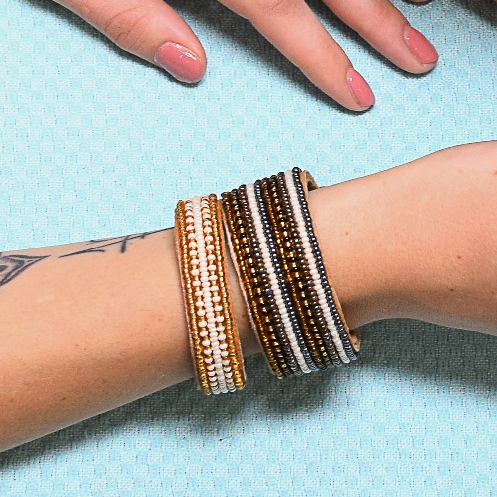 Small Gold and Pearl Stripe Leather Cuff