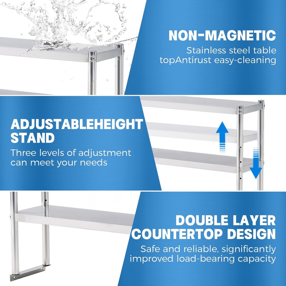 Stainless Steel Shelf 2 Tier Stainless Overshelf for Kitchen Prep Work Table ...