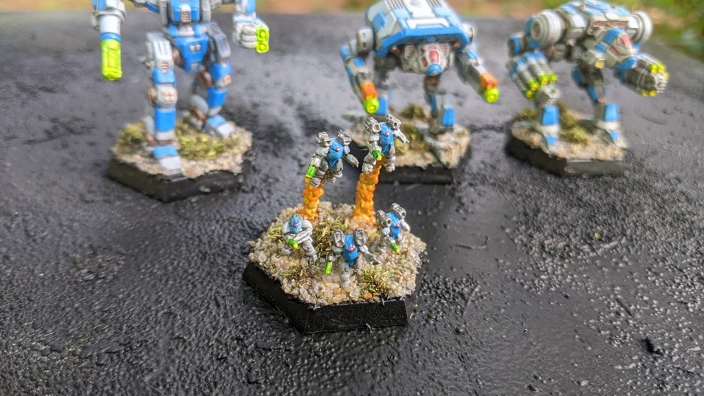 3x Custom Mechs, 1x Infantry. Battletech