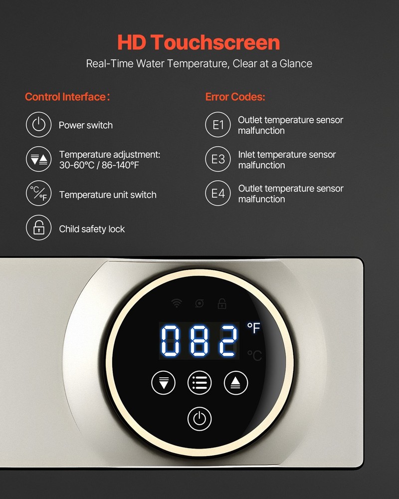 VEVOR 27kW Tankless Electric Water Heater Instant Hot with LCD Touch Child Lock