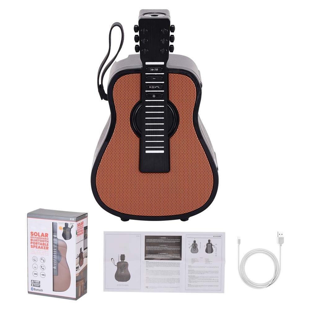 Portable Solar Rechargeable Guitar Design Bluetooth Speaker with Flashlight FM