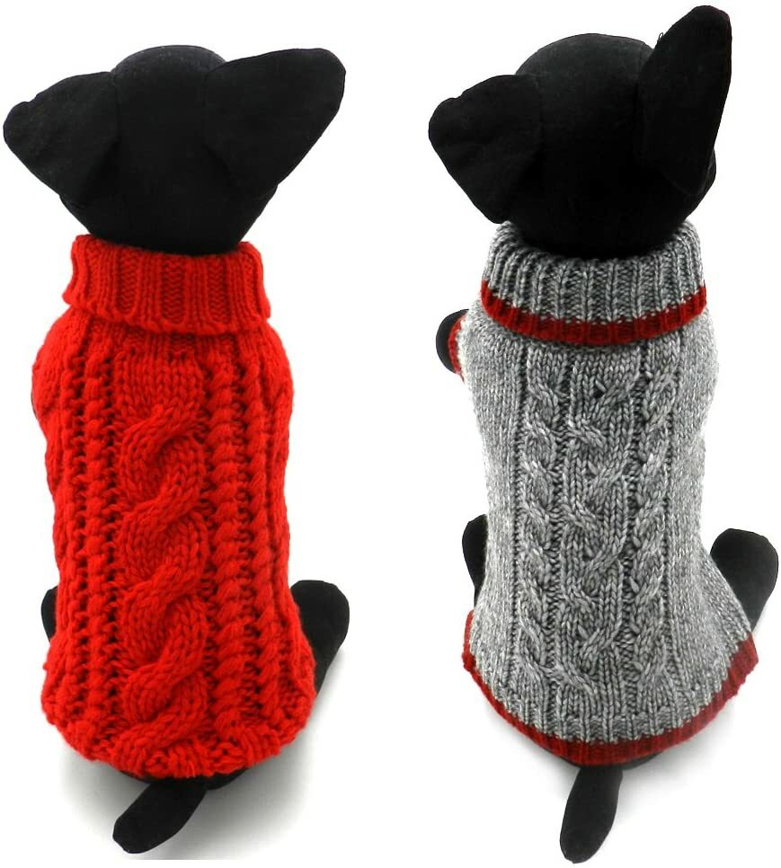 Turtleneck Classic Cable Knit Dog Sweaters, Red/Grey, Small (2-Pack)