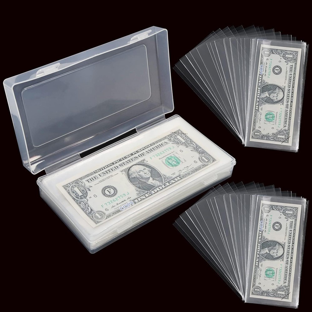 200 Pack Dollar Bill Holder Clear Rigid Sideload Currency Sleeves + Storage Case