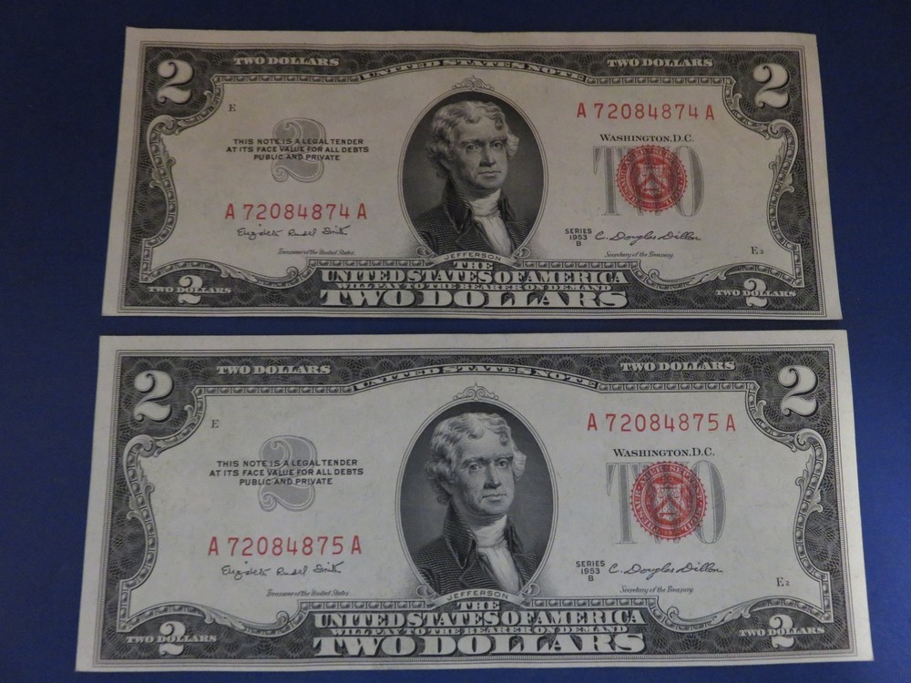 2 Consecutive 1953  $2 UNITED STATES NOTES  CH UNC ***409-6