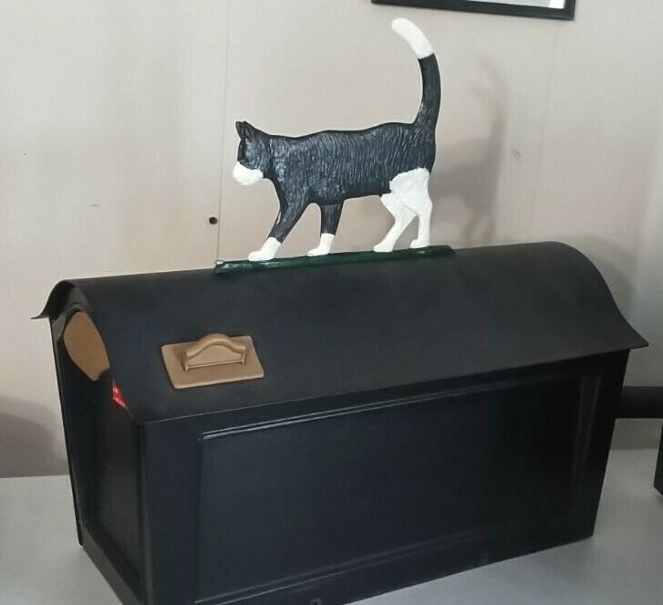 BLACK/WHITE CAT Mailbox topper/ornament,.Solid STURDY CAST aluminum AS SHOWN.