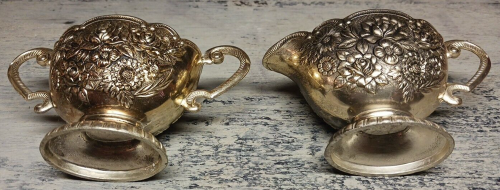 Silver Plate Cream & Sugar Dish Set With Porcelain Inside Nice Embossing Outside