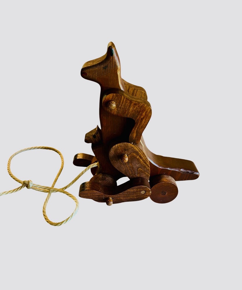 Kangaroo Pull Toy Wood Primitive Handmade 9”