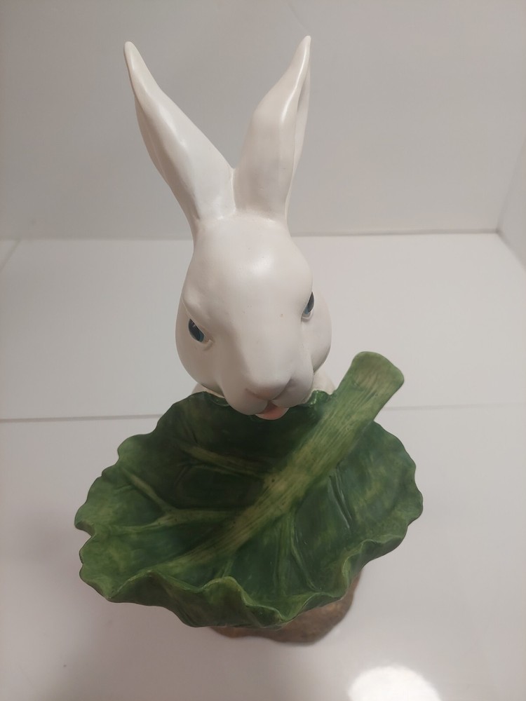 Bunny Rabbit Statue Candy Bowl Server Figure 12" White Resin White Cabbage Leaf