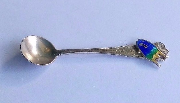 STERLING SILVER WITH ENAMELED FISH TROPICAL SALT SPOON.