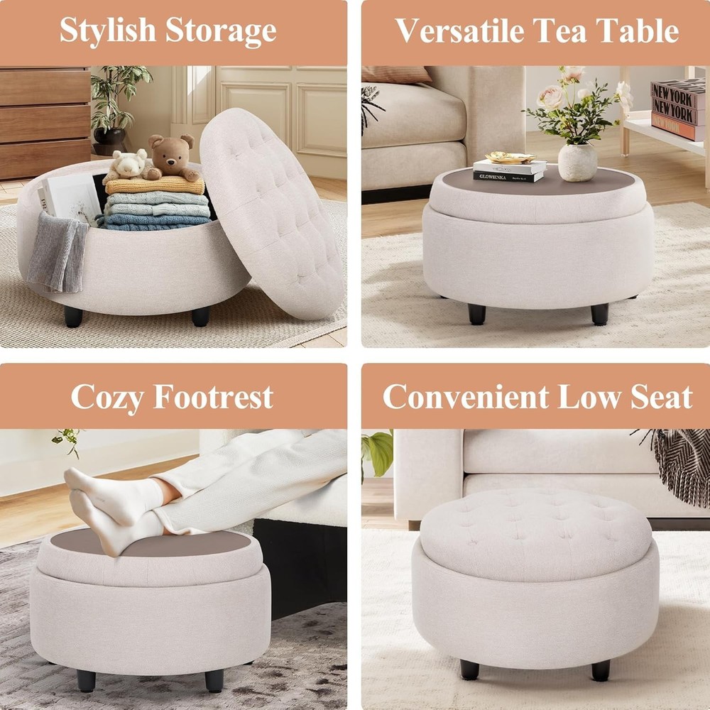 Fabric Round Storage Ottoman W/ Reversible Tray Lid – Multi-Functional Footrest