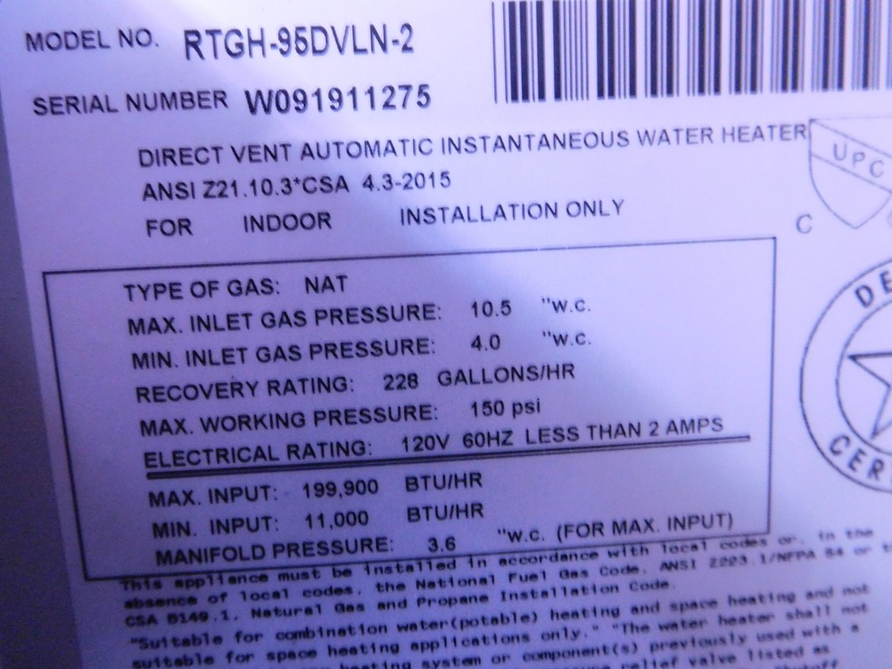 RHEEM TANKLESS WATER HEATER RTGH-95DLVN-2 BTU/HR 11,000/199,900 120V 228 GALLONS