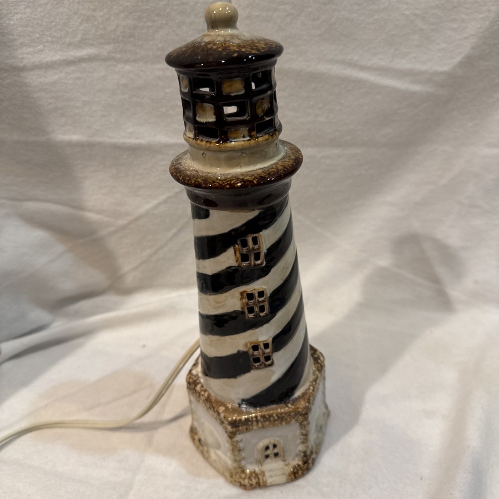 Cape Hatteras Lighthouse Night Light Table Lamp Glazed Ceramic Pottery 10.5”