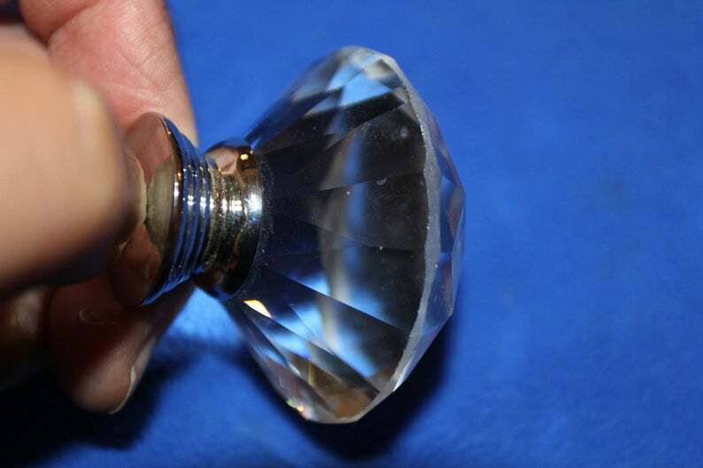 (2) knobs Large Crystal Look Glass Knob Pulls Diamond Cut Solid, 2" dia., HW-DL2
