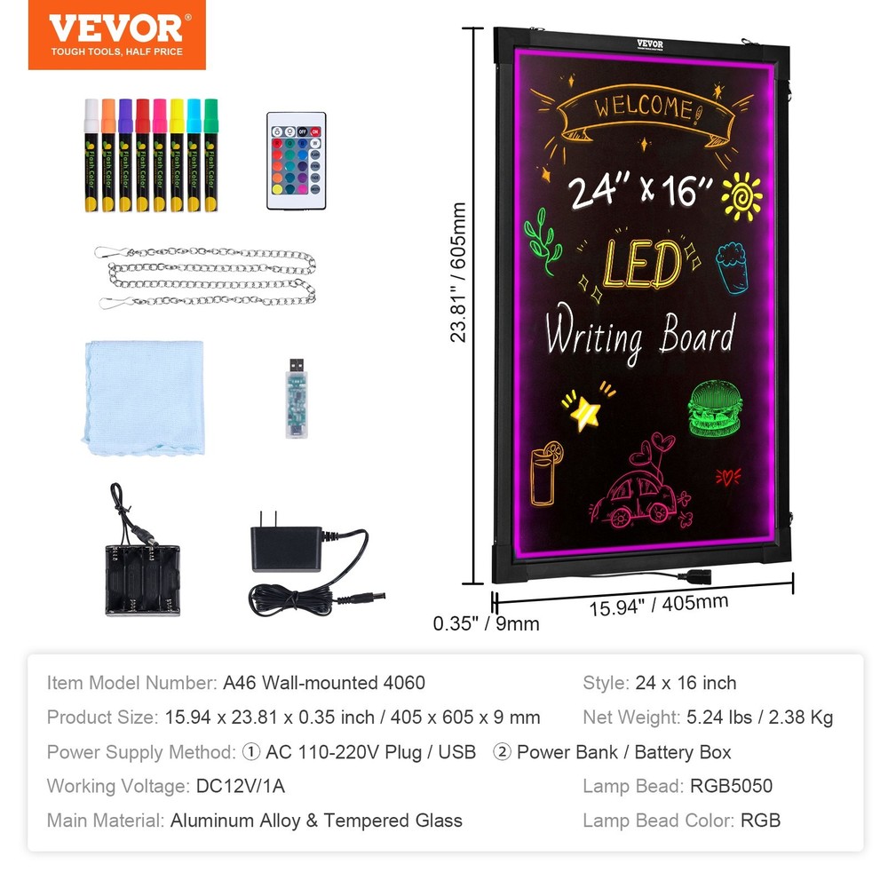 LED Message Writing Board,24"x16" Illuminated Erasable Lighted Chalkboard,Neon