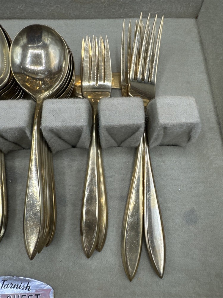 DIRILYTE DIRIGOLD Gold Tone Silverware Flatware 55 pc Box MCM Mid Century