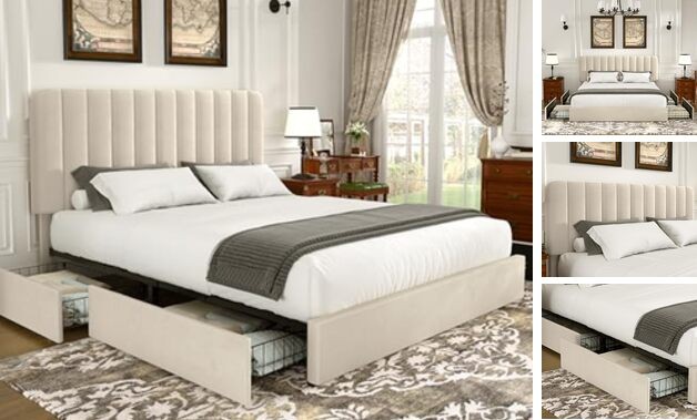Size Upholstered Bed Frame with 4 Drawers Queen Beige Bed Frame with Drawer