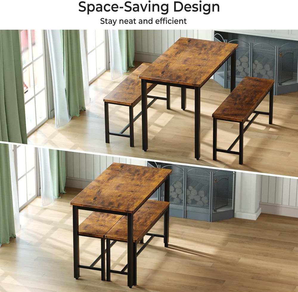 Compact 3-Piece Dining Table Set for 4 with Benches - Space-Saving Design