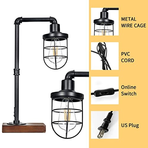 Steampunk Industrial Lamp, E26 Base Rustic Edison Light with Caged B-Black