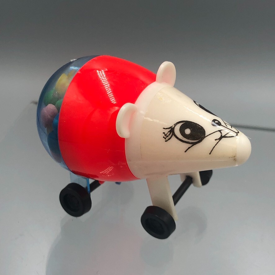 Vintage TOY MOUSE On Wheels Rolling CANDY CONTAINER Plastic Animal