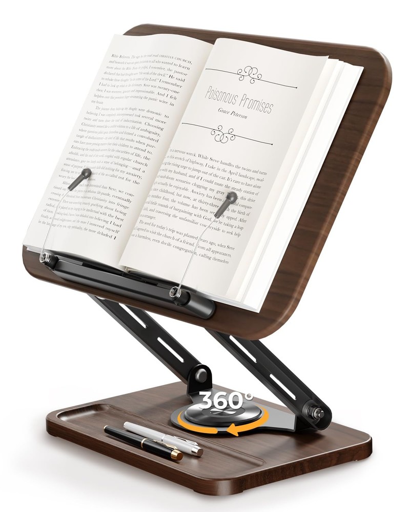 Adjustable Book Stand 360 Rotation Height Extendable Page Clips Storage
