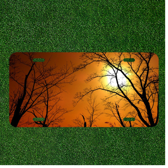Creative License Plate Auto Tag With Orange Dark Trees Sun Design