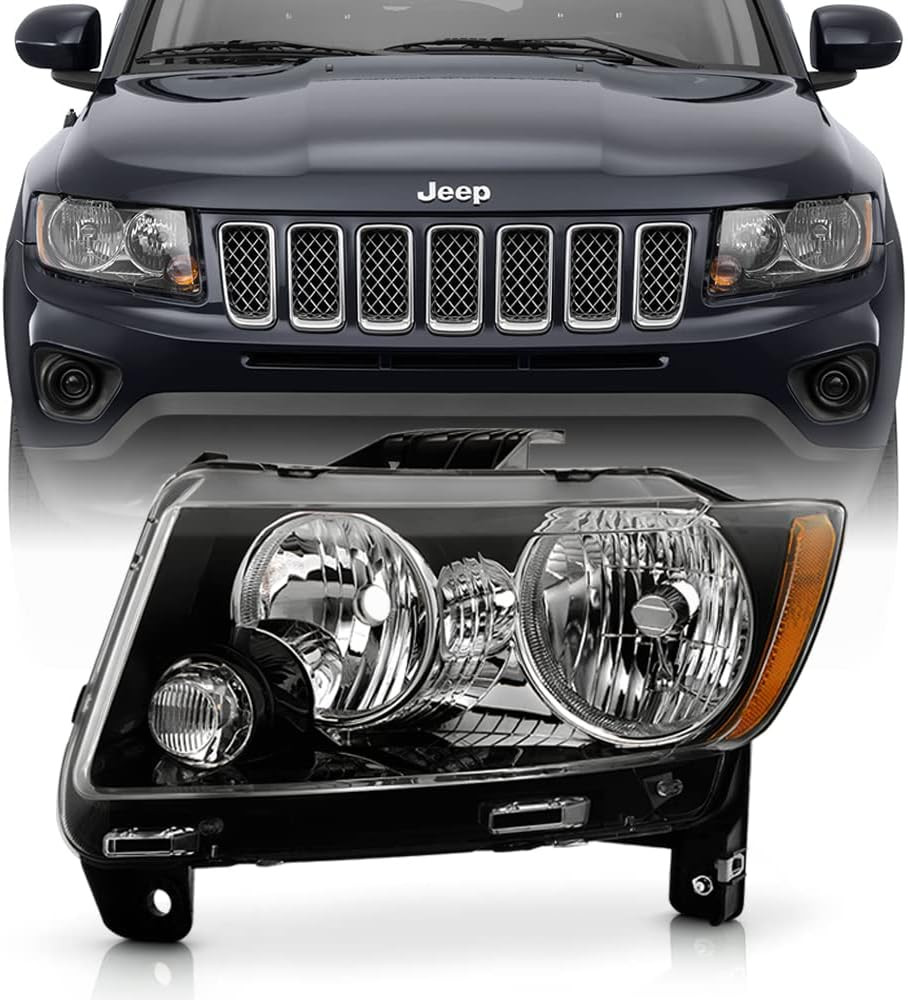 - for [Black Bezel W/Halogen Type] 2013-2017 Jeep Compass Headlight Headlamp Rep