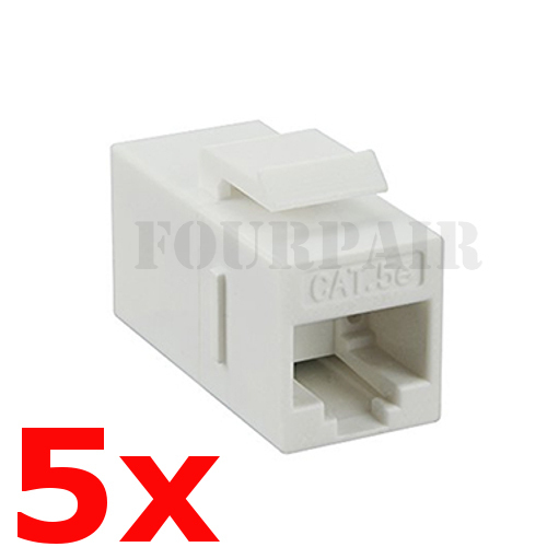 5 Pack - CAT5e Inline Coupler Keystone RJ45 Female Snap-In Jack Insert - White